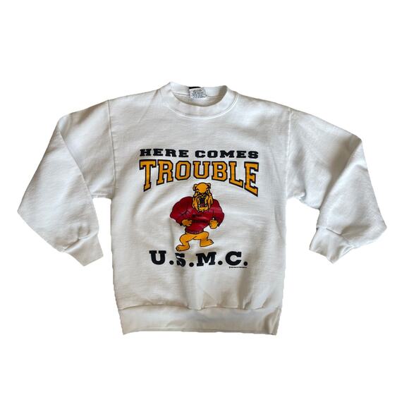 Vintage Signal Sports USMC US Marine Here Comes Trouble‎ Sweatshirt Size: M - Picture 1 of 5